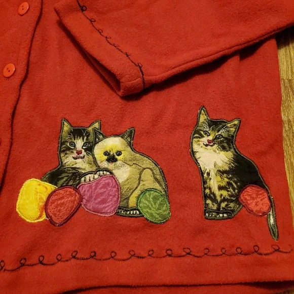 Vintage Kitty Cat Fleece Jacket Women Medium Red‎ Christmas Grandma Cat Lady - Picture 3 of 8